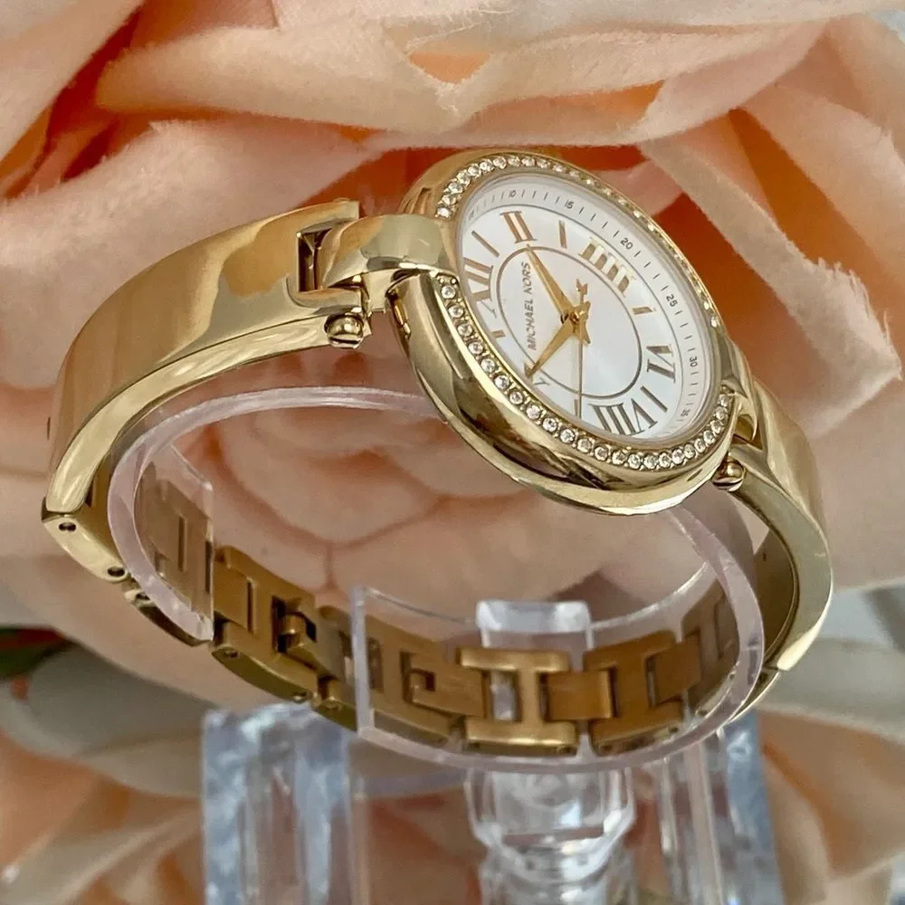 Michael Kors Mini Laney Crystal Accented Bezel Gold-Tone Bangle Watch